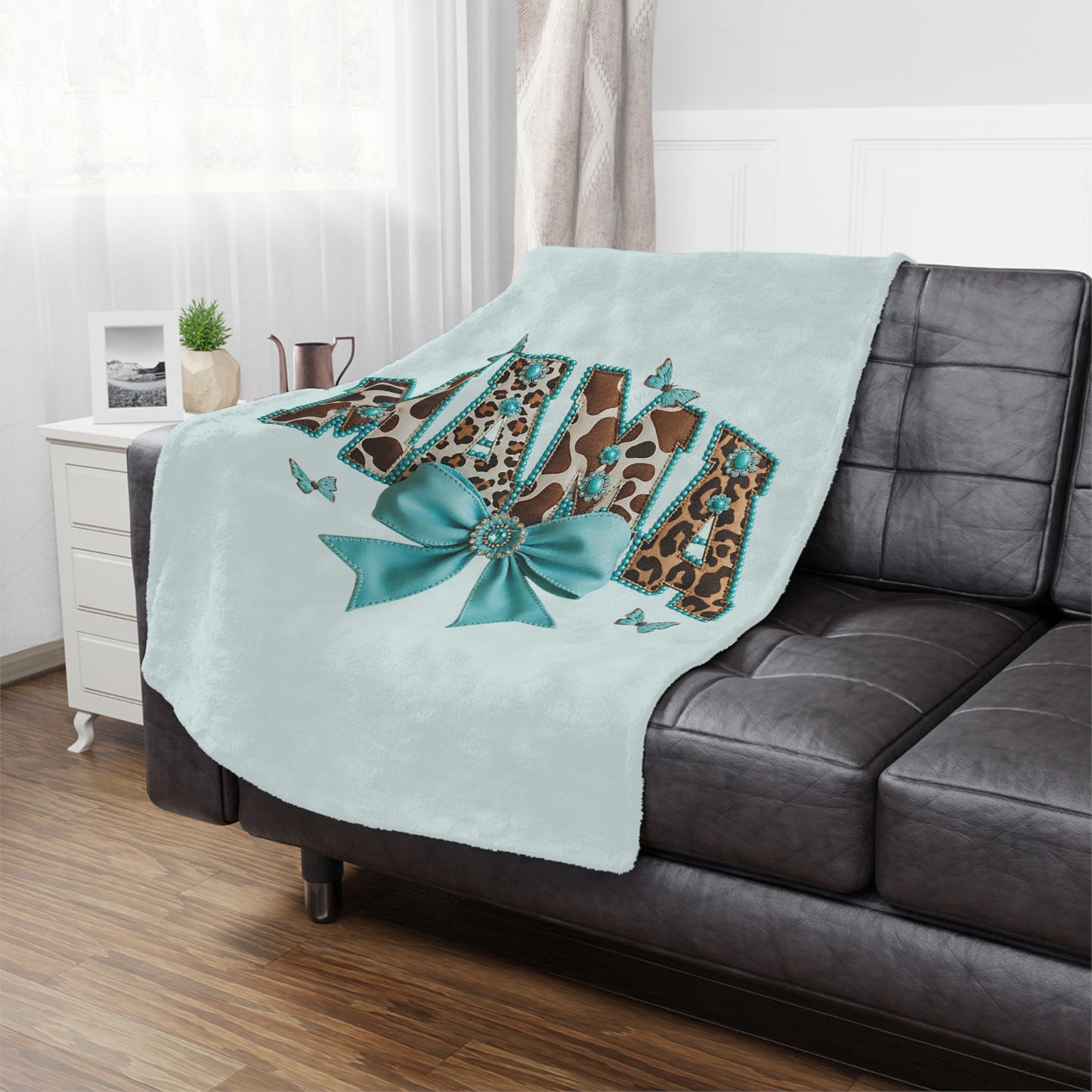 Mama Leopard Print Minky Blanket with Turquoise Bow – Soft Gift