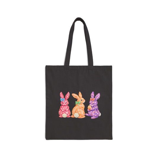 Easter Bunnies Cotton Tote Bag — Colorful Floral Rabbit Canvas Shopper