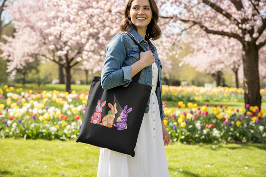 Easter Bunnies Cotton Tote Bag — Colorful Floral Rabbit Canvas Shopper