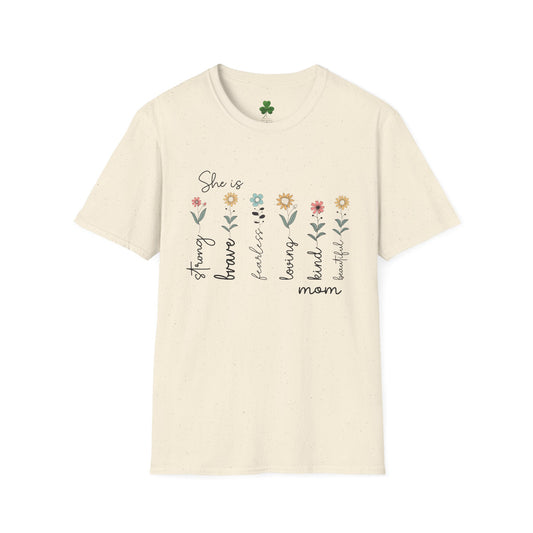 She is funny brave caring beautiful kind loving mom T-Shirt — Floral Mother’s Day Tee