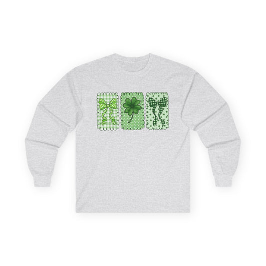 St. Patrick’s Day Shamrock Long Sleeve Tee — Lucky Clover Trio Design