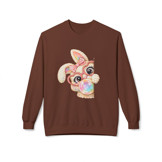 Cute Bunny Peeking Crewneck Sweatshirt – Bubblegum Blowing Cartoon Rabbit