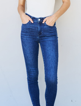 Judy Blue Mid Rise Raw Edge Ankle Detail Skinny Jeans