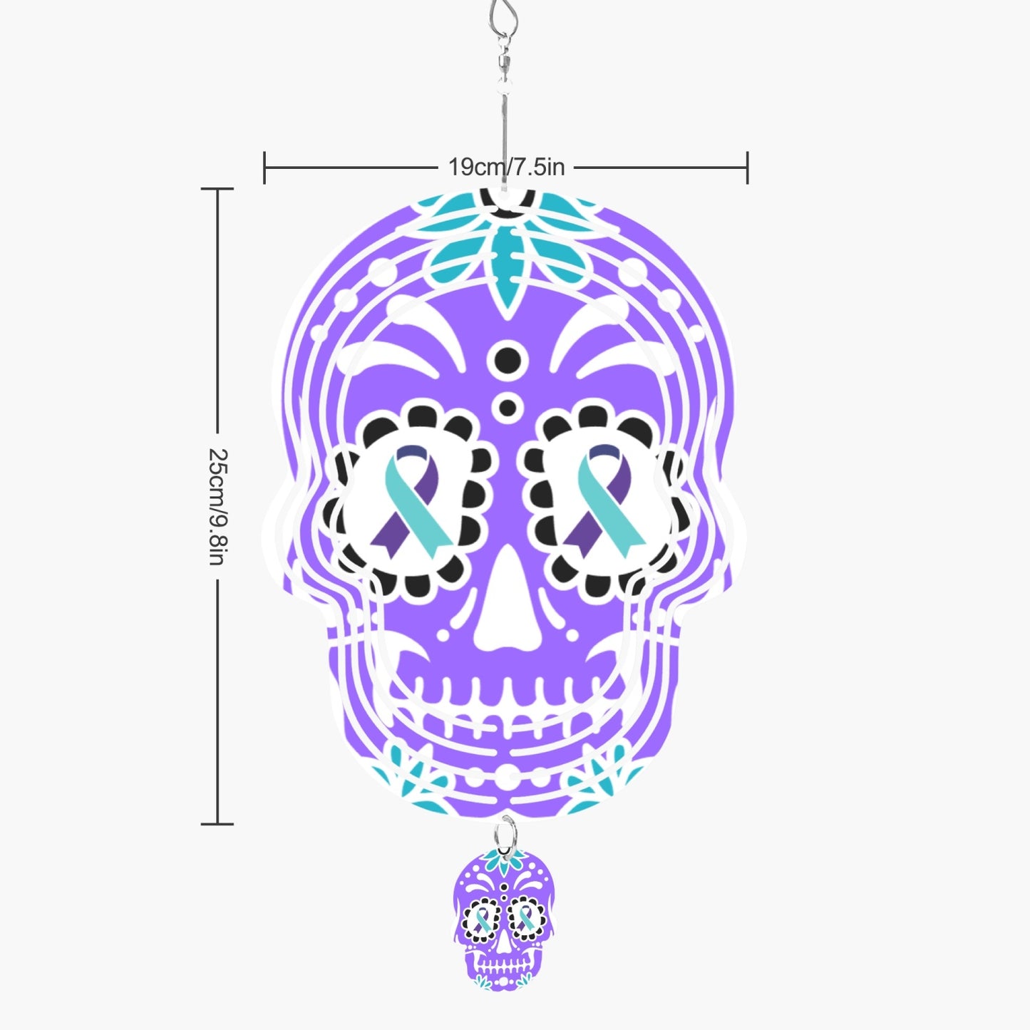 Suicide Awareness Purple and Teal Ribbon Skull Wind Spinner