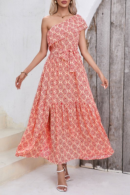 Slit Printed Single Shoulder Tie Waist Dress