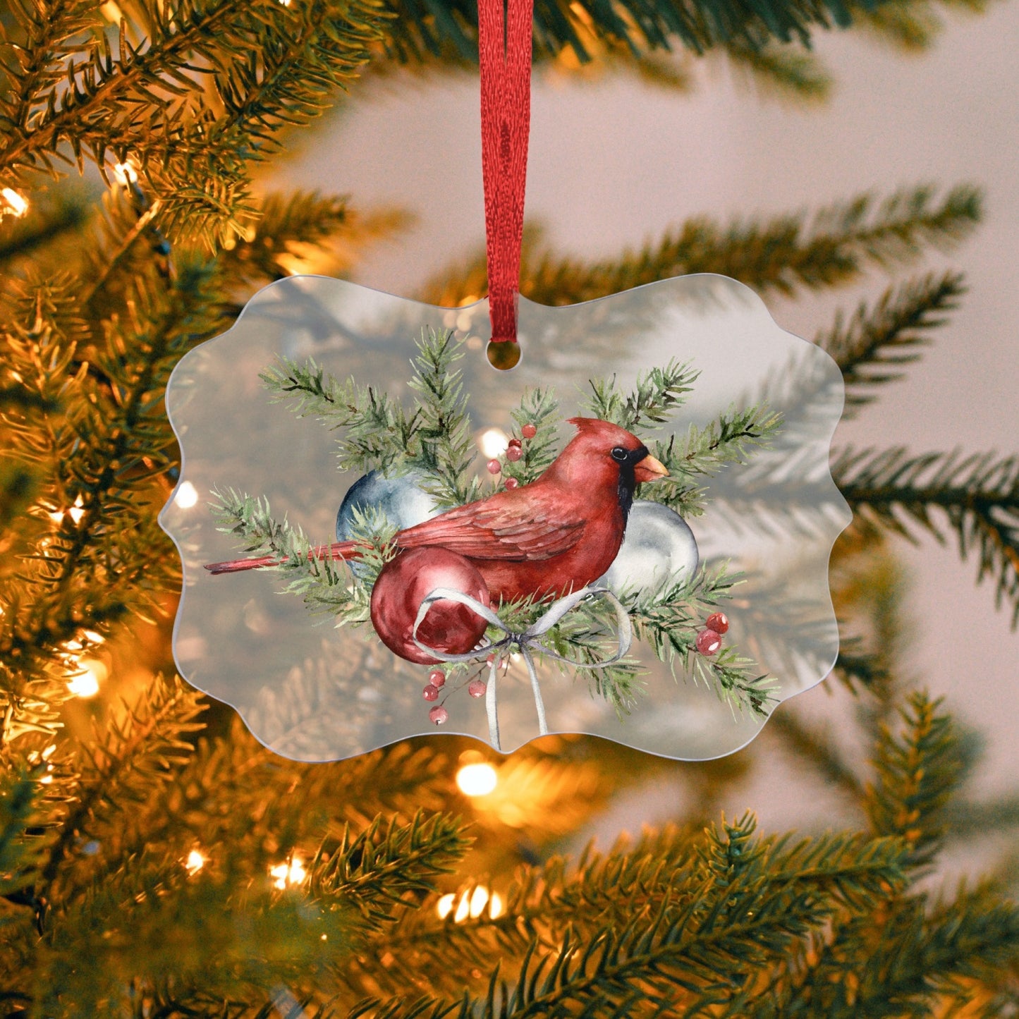 Cardinal with Balls. Acrylic Hanging Ornament
