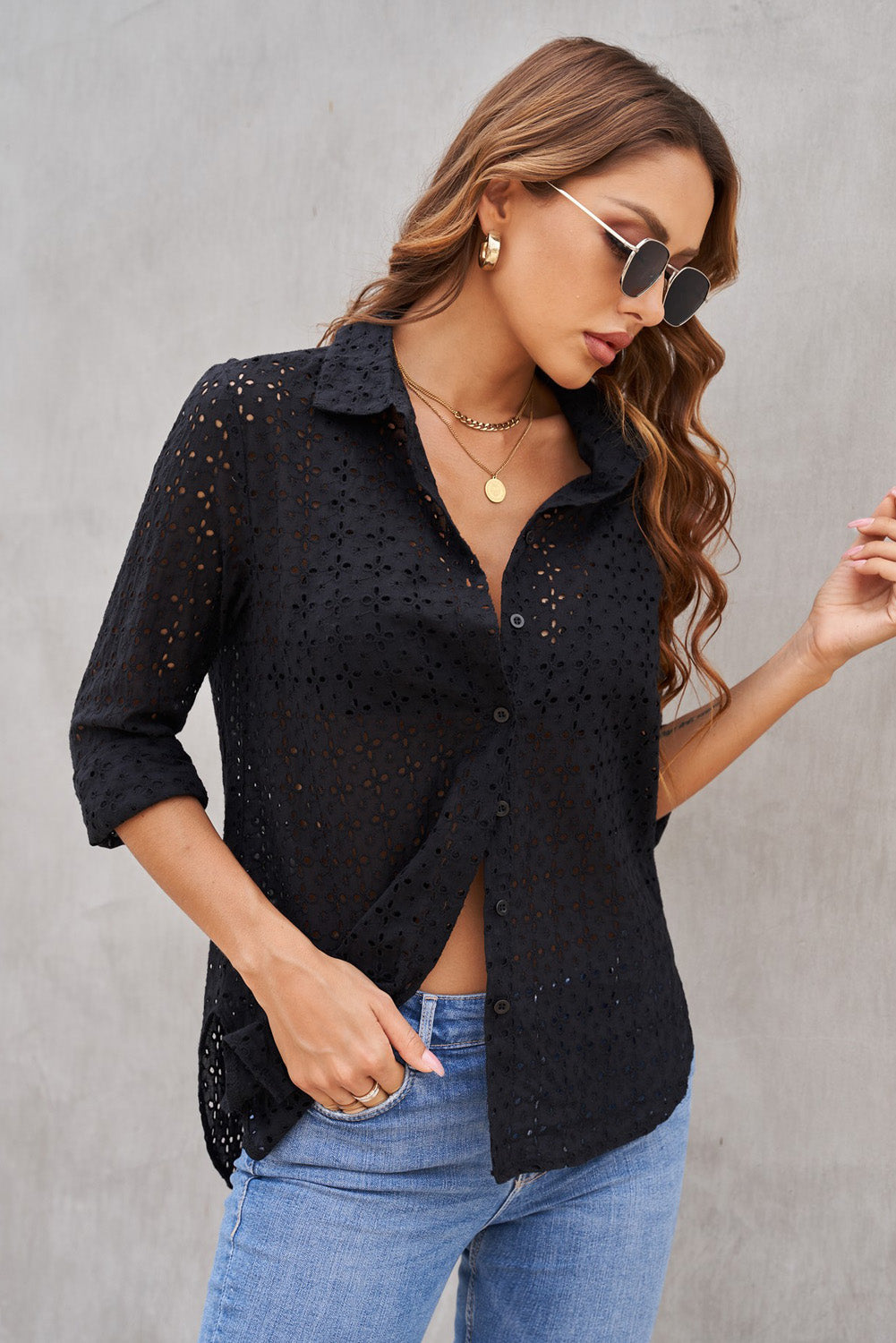 Eyelet Floral Hollow-Out Shirt - Keene's