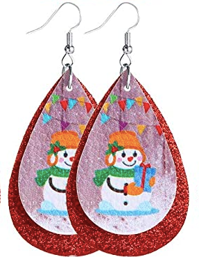 Snowman With Present and Red Glitter Earrings - Keene's