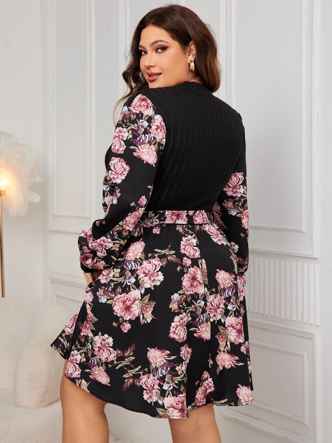 Plus Size Tied Printed Long Sleeve Dress