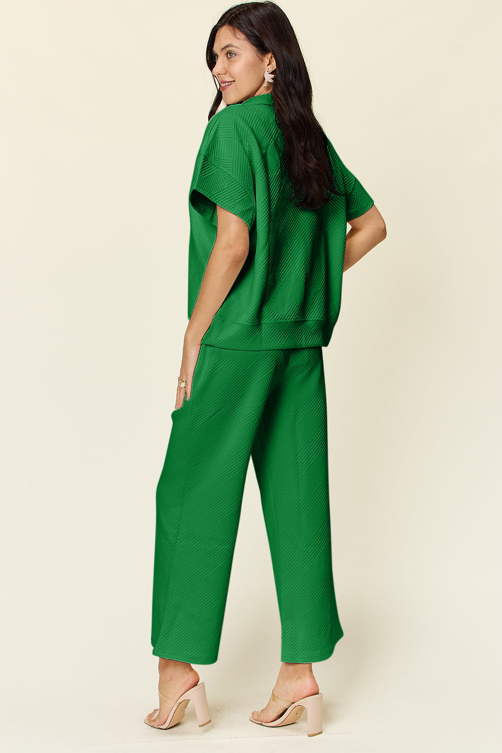Double Take Full Size Texture Half Zip Short Sleeve Top and Pants Set