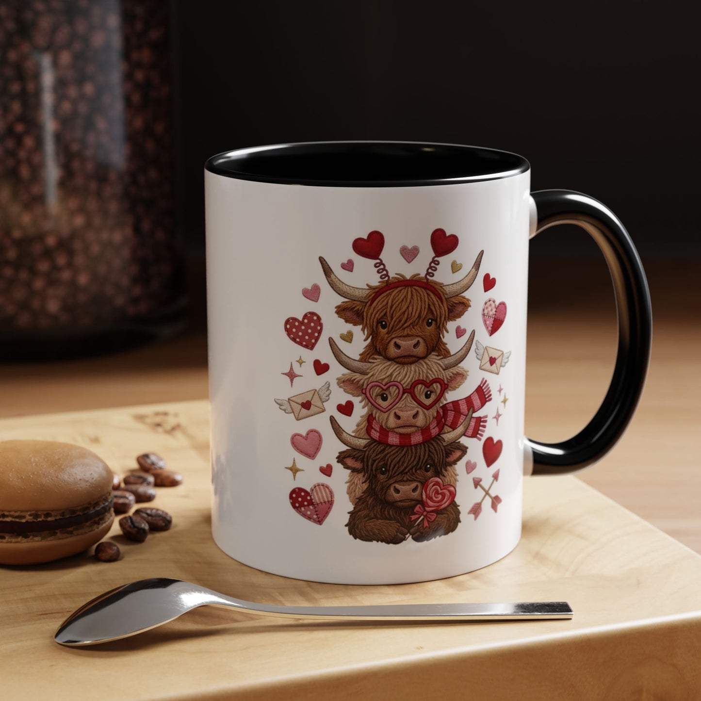 Valentine Highland Cow Stack Accent Mug – Cute Hearts & Love Letters (11/15oz)
