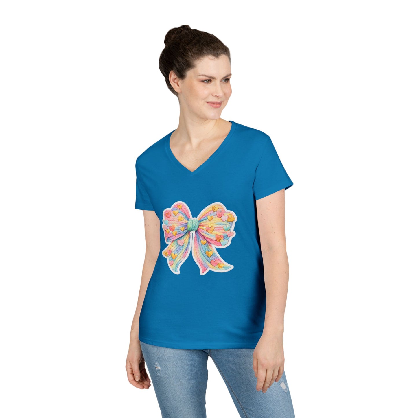 Pastel Heart Bow V-Neck Tee