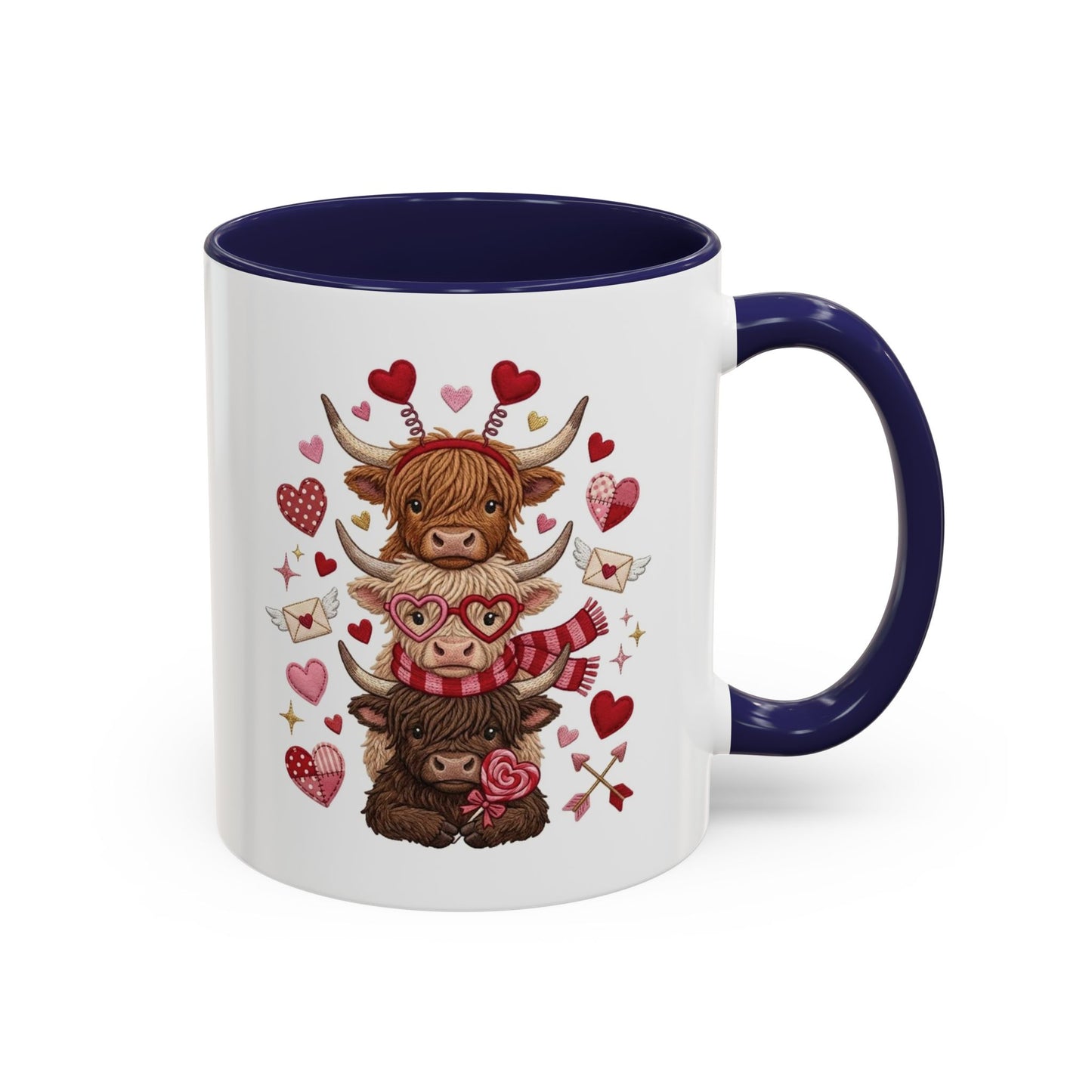 Valentine Highland Cow Stack Accent Mug – Cute Hearts & Love Letters (11/15oz)