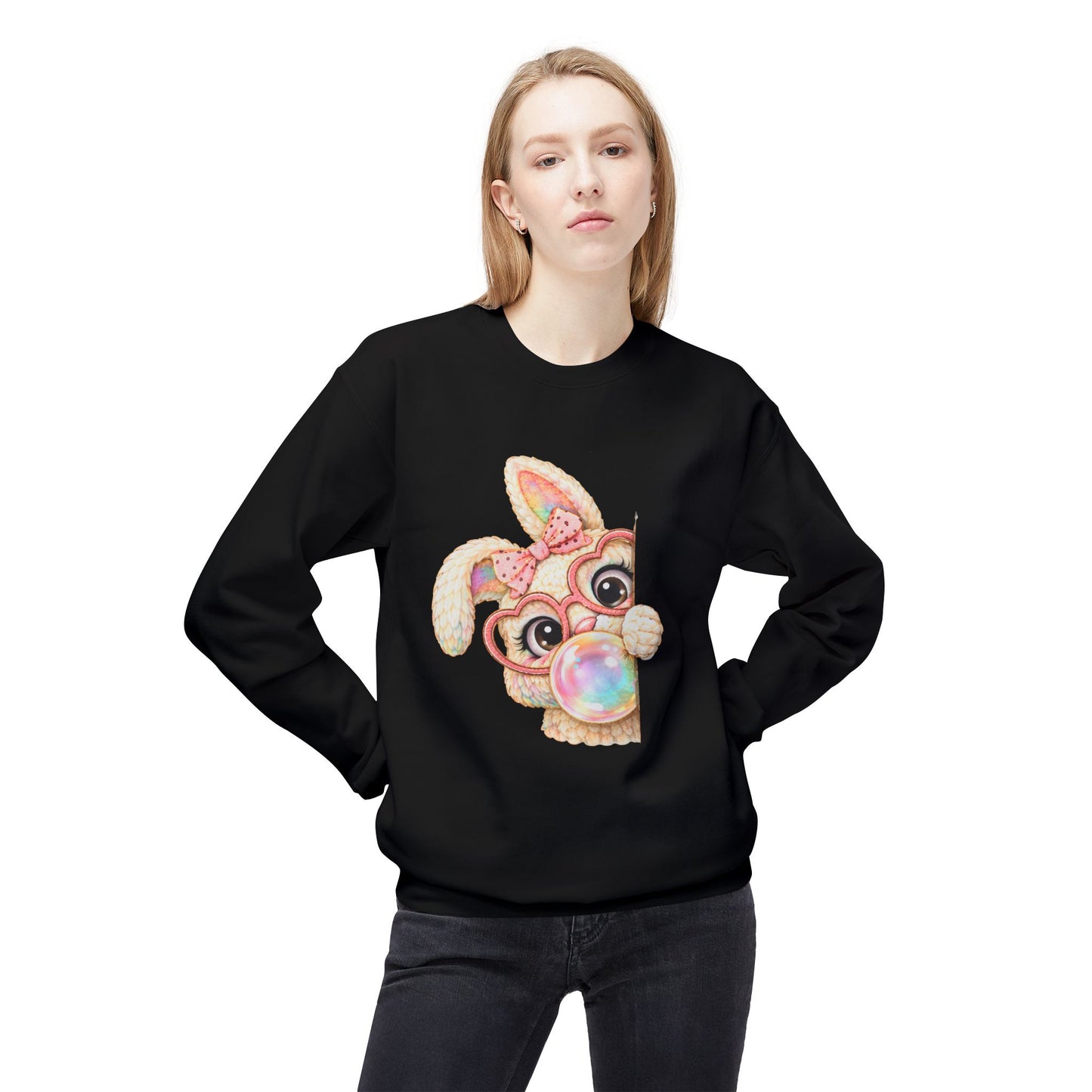Cute Bunny Peeking Crewneck Sweatshirt – Bubblegum Blowing Cartoon Rabbit