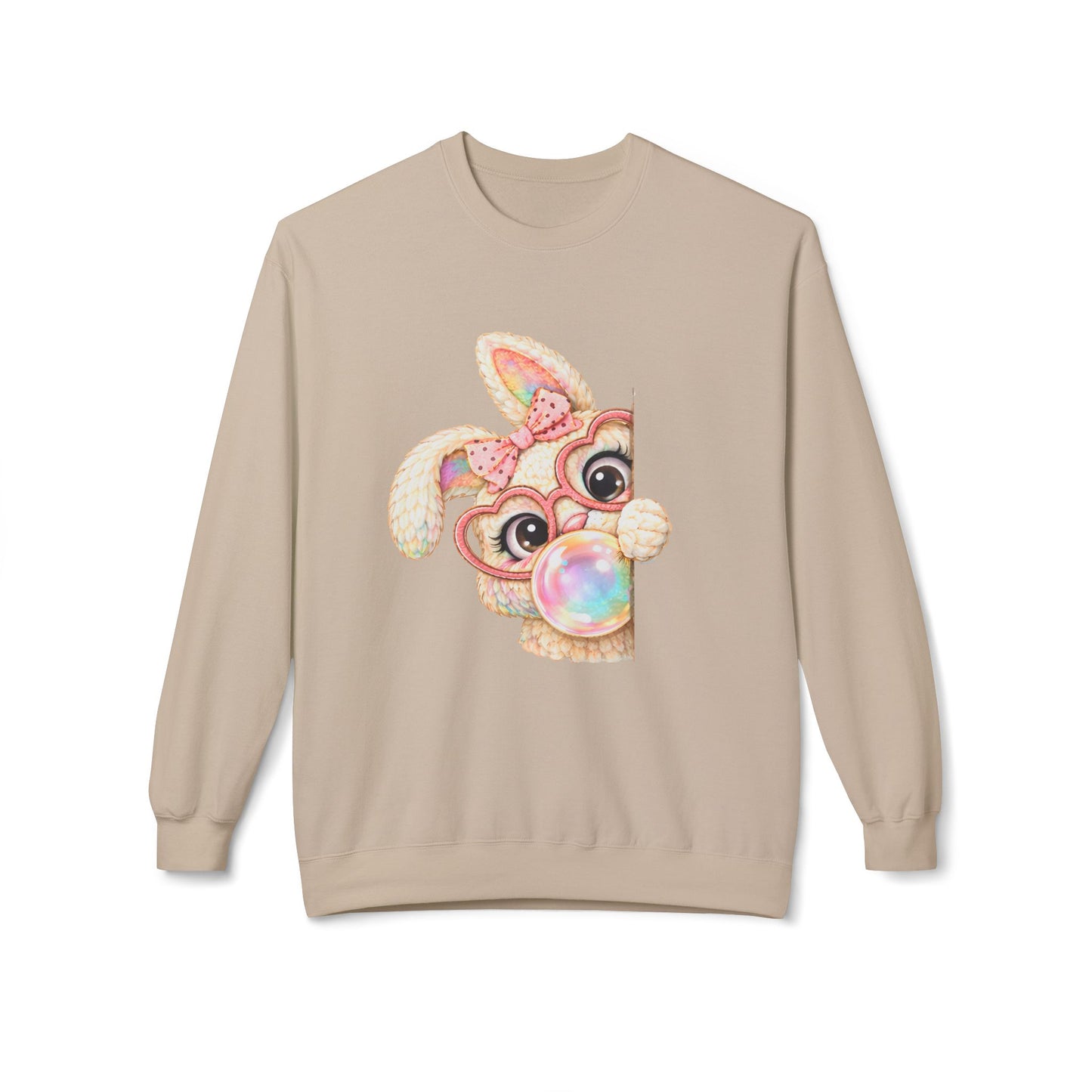 Cute Bunny Peeking Crewneck Sweatshirt – Bubblegum Blowing Cartoon Rabbit