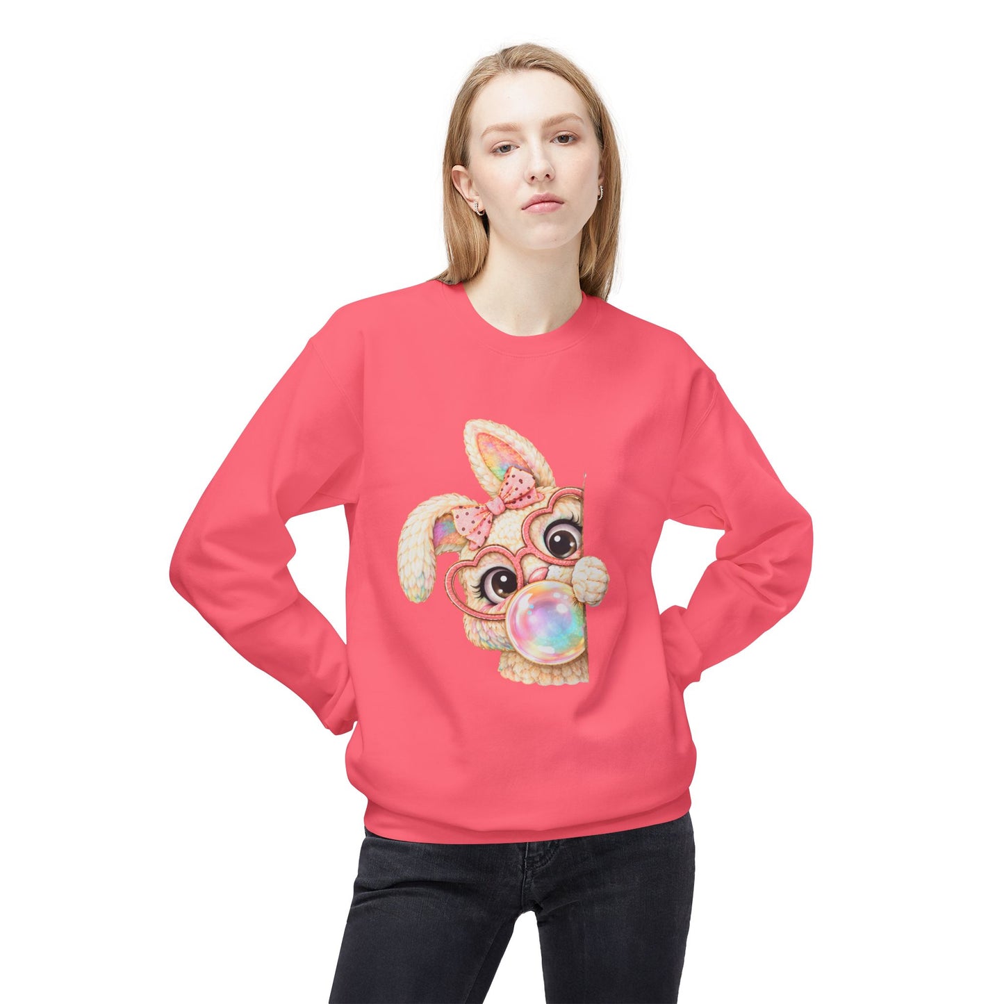 Cute Bunny Peeking Crewneck Sweatshirt – Bubblegum Blowing Cartoon Rabbit