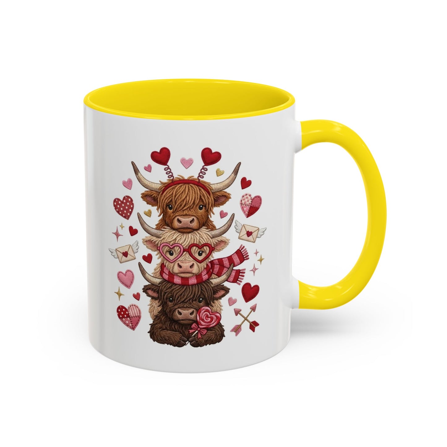 Valentine Highland Cow Stack Accent Mug – Cute Hearts & Love Letters (11/15oz)