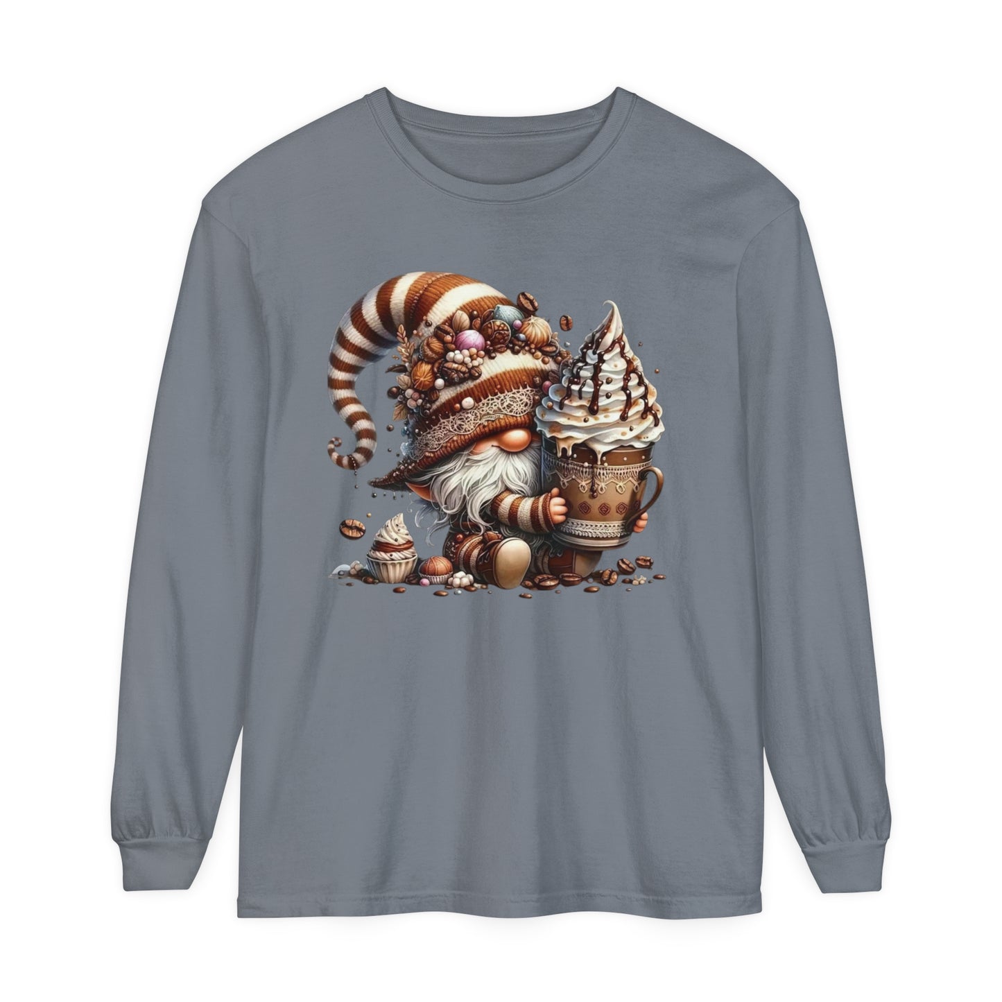 Gnome with Hot Chocolate Unisex Garment-dyed Long Sleeve T-Shirt