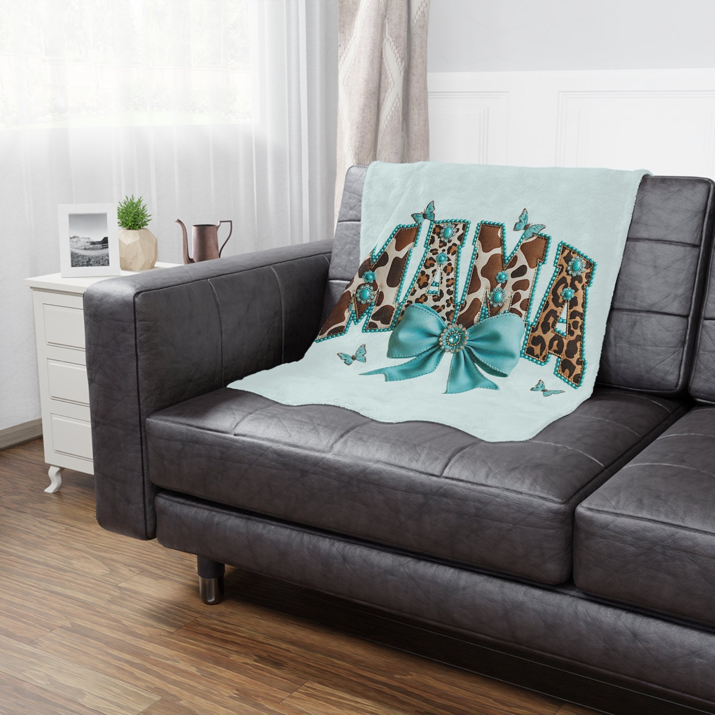 Mama Leopard Print Minky Blanket with Turquoise Bow – Soft Gift