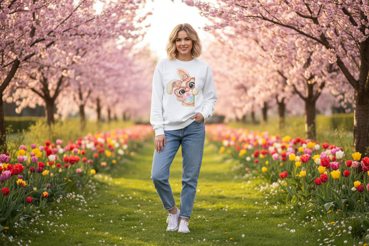 Cute Bunny Peeking Crewneck Sweatshirt – Bubblegum Blowing Cartoon Rabbit