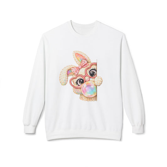 Cute Bunny Peeking Crewneck Sweatshirt – Bubblegum Blowing Cartoon Rabbit