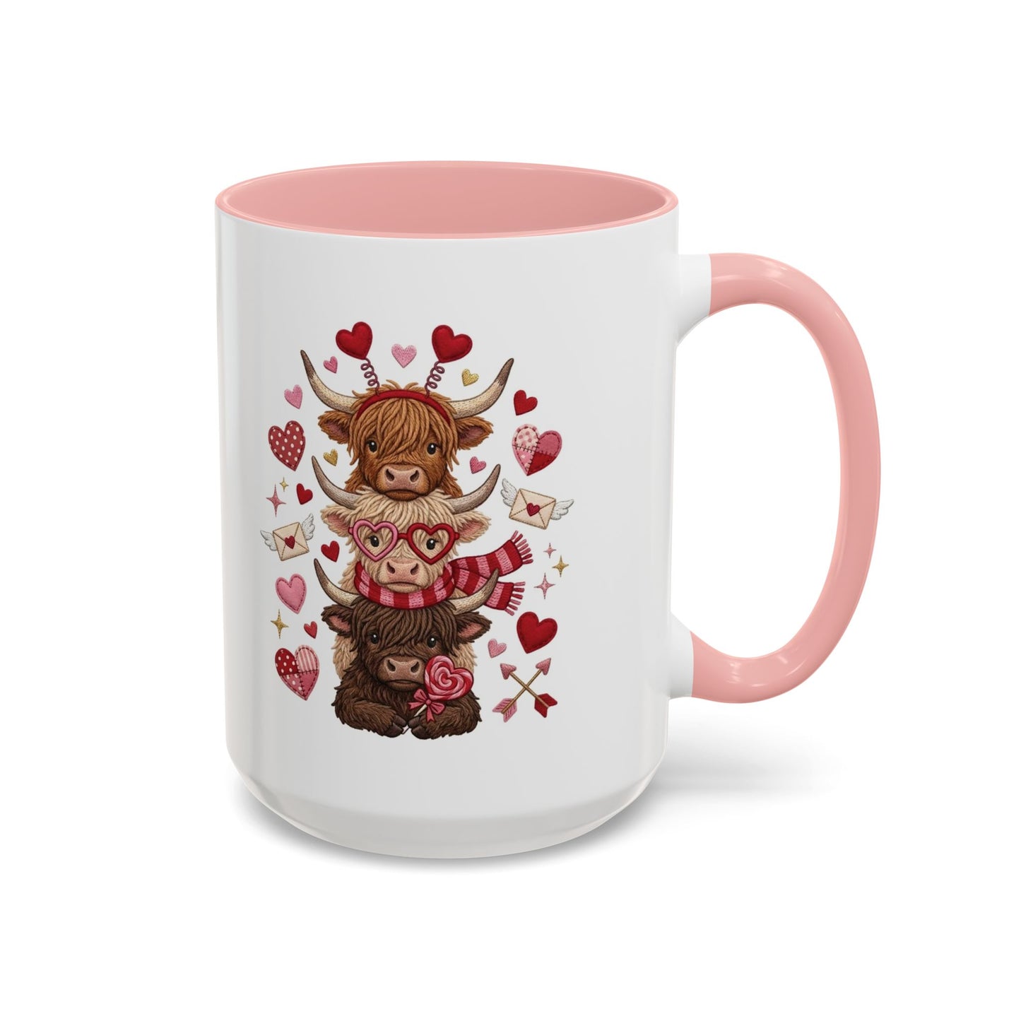 Valentine Highland Cow Stack Accent Mug – Cute Hearts & Love Letters (11/15oz)