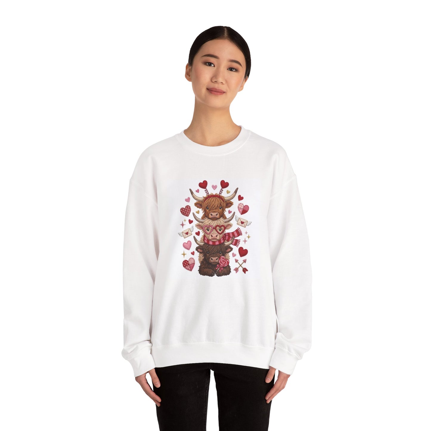 Valentine Highland Cow Crewneck Sweatshirt — Cute Hearts Scottish Highland Cattle Design