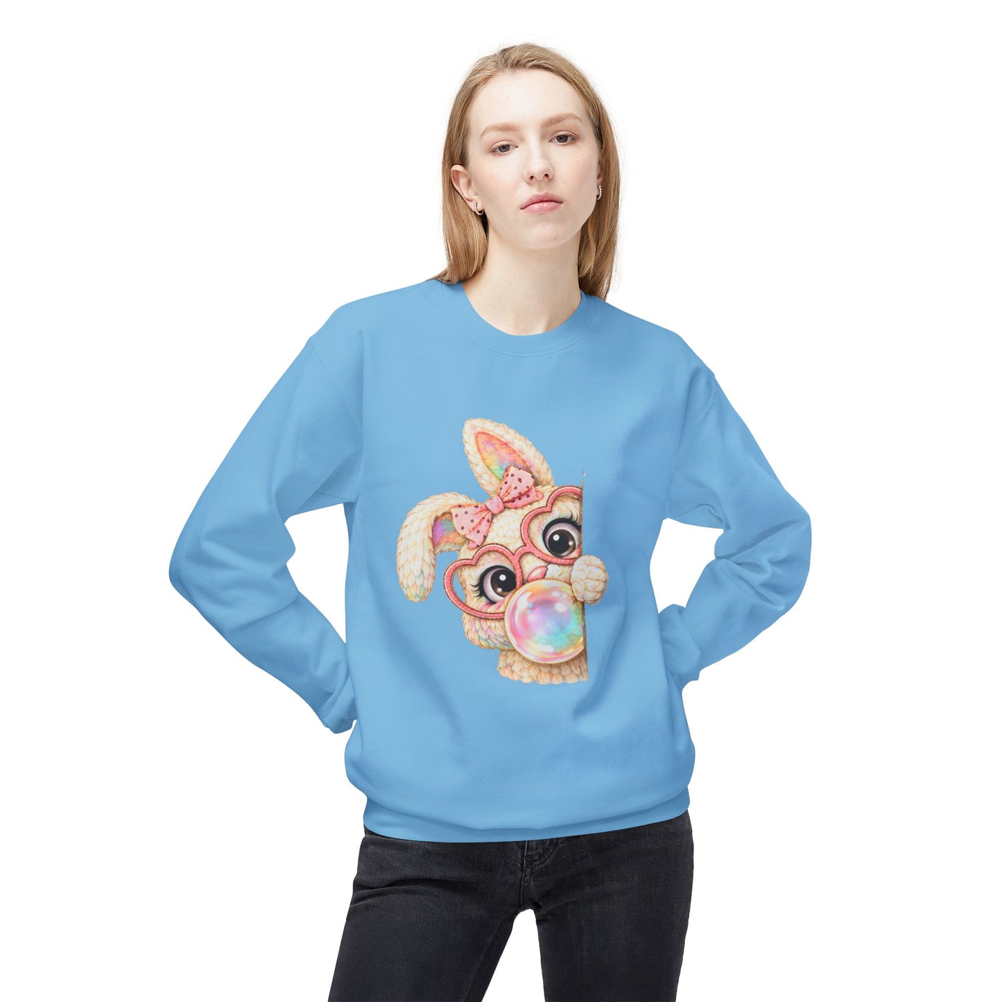 Cute Bunny Peeking Crewneck Sweatshirt – Bubblegum Blowing Cartoon Rabbit