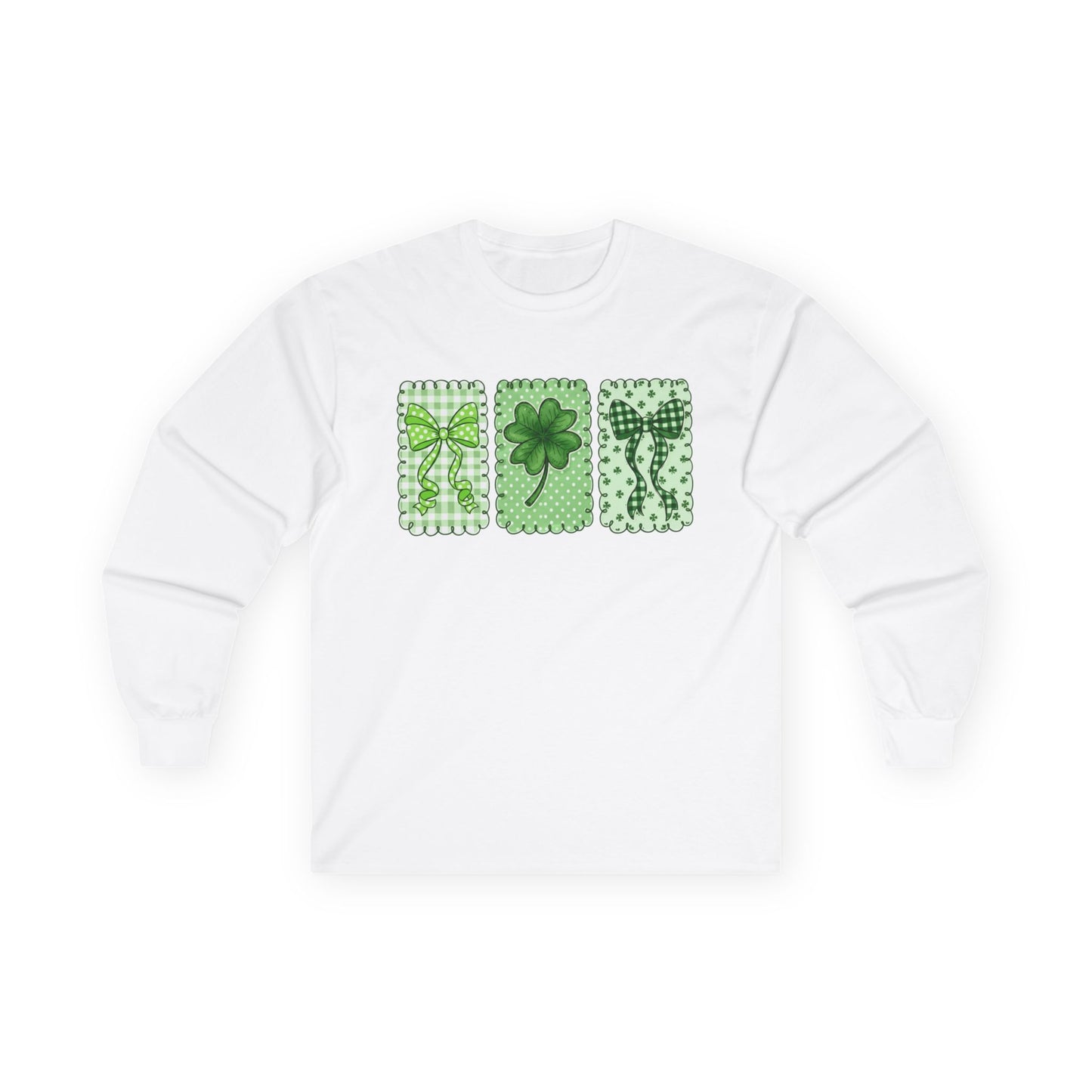 St. Patrick’s Day Shamrock Long Sleeve Tee — Lucky Clover Trio Design
