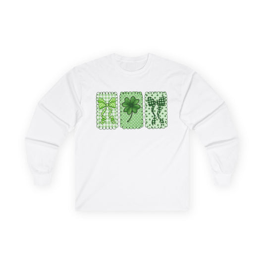 St. Patrick’s Day Shamrock Long Sleeve Tee — Lucky Clover Trio Design