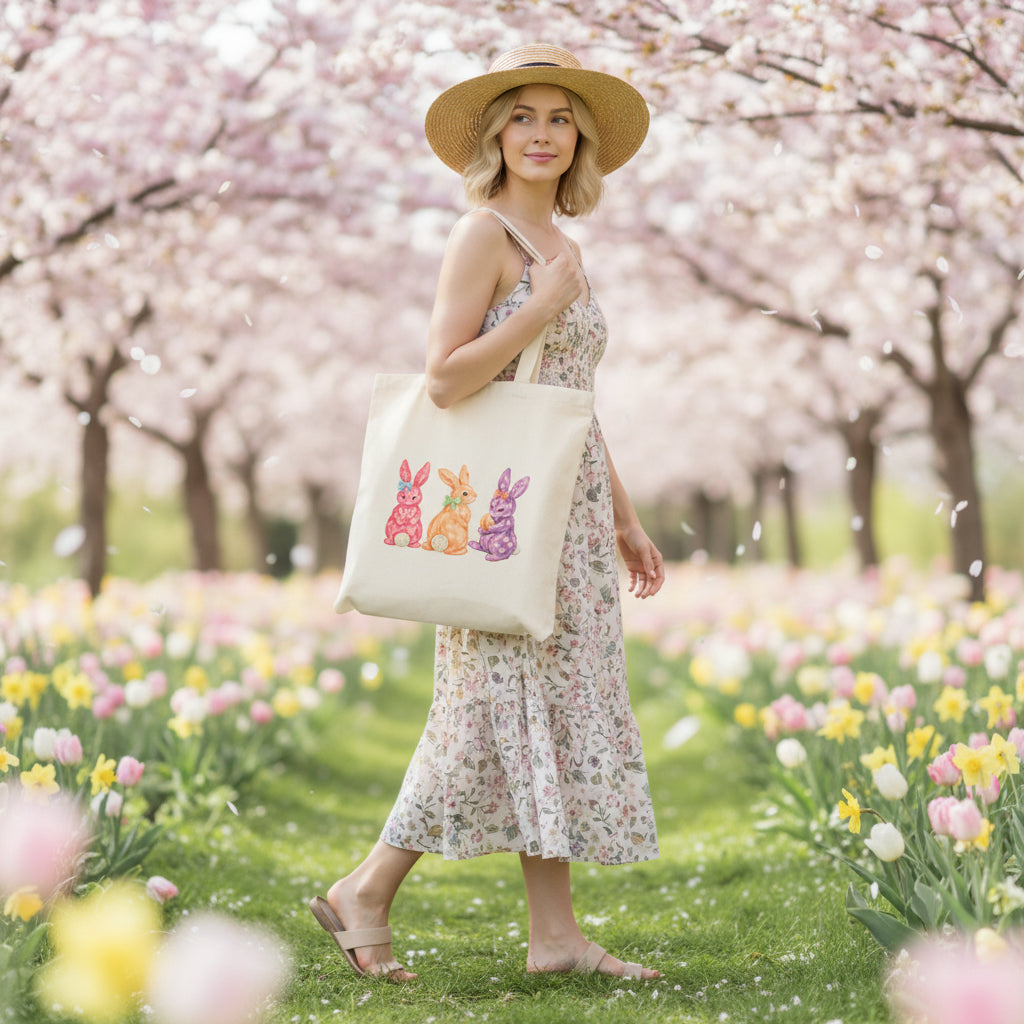 Easter Bunnies Cotton Tote Bag — Colorful Floral Rabbit Canvas Shopper