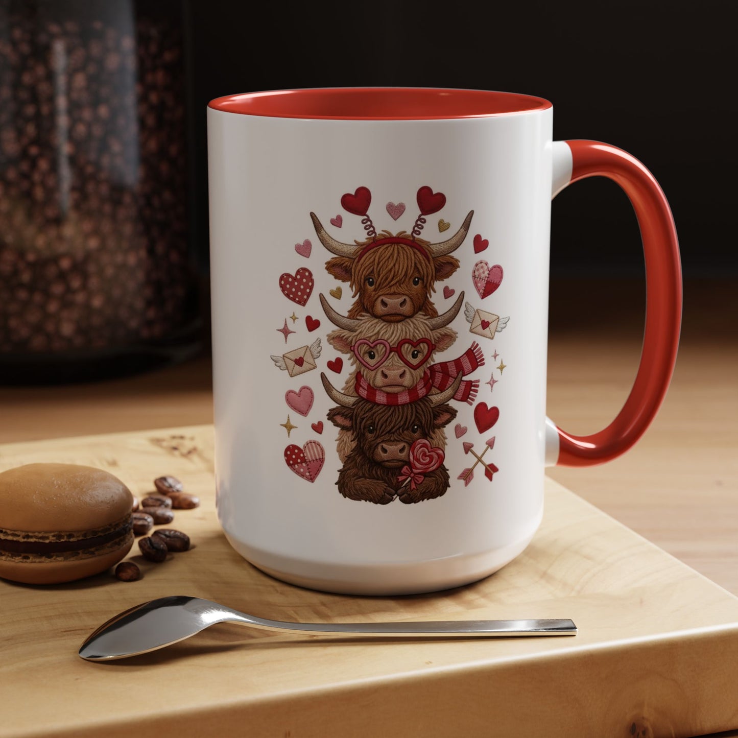 Valentine Highland Cow Stack Accent Mug – Cute Hearts & Love Letters (11/15oz)