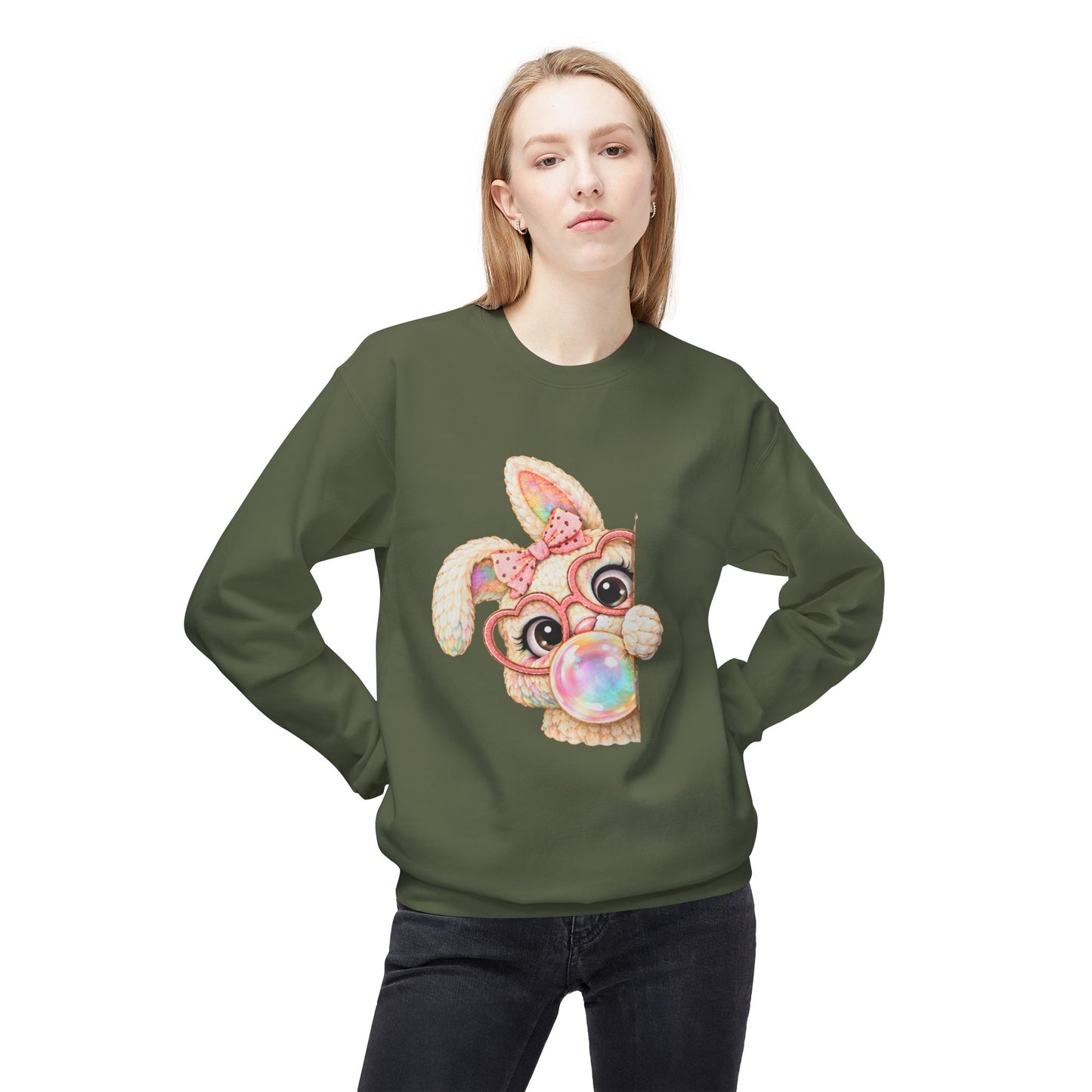Cute Bunny Peeking Crewneck Sweatshirt – Bubblegum Blowing Cartoon Rabbit