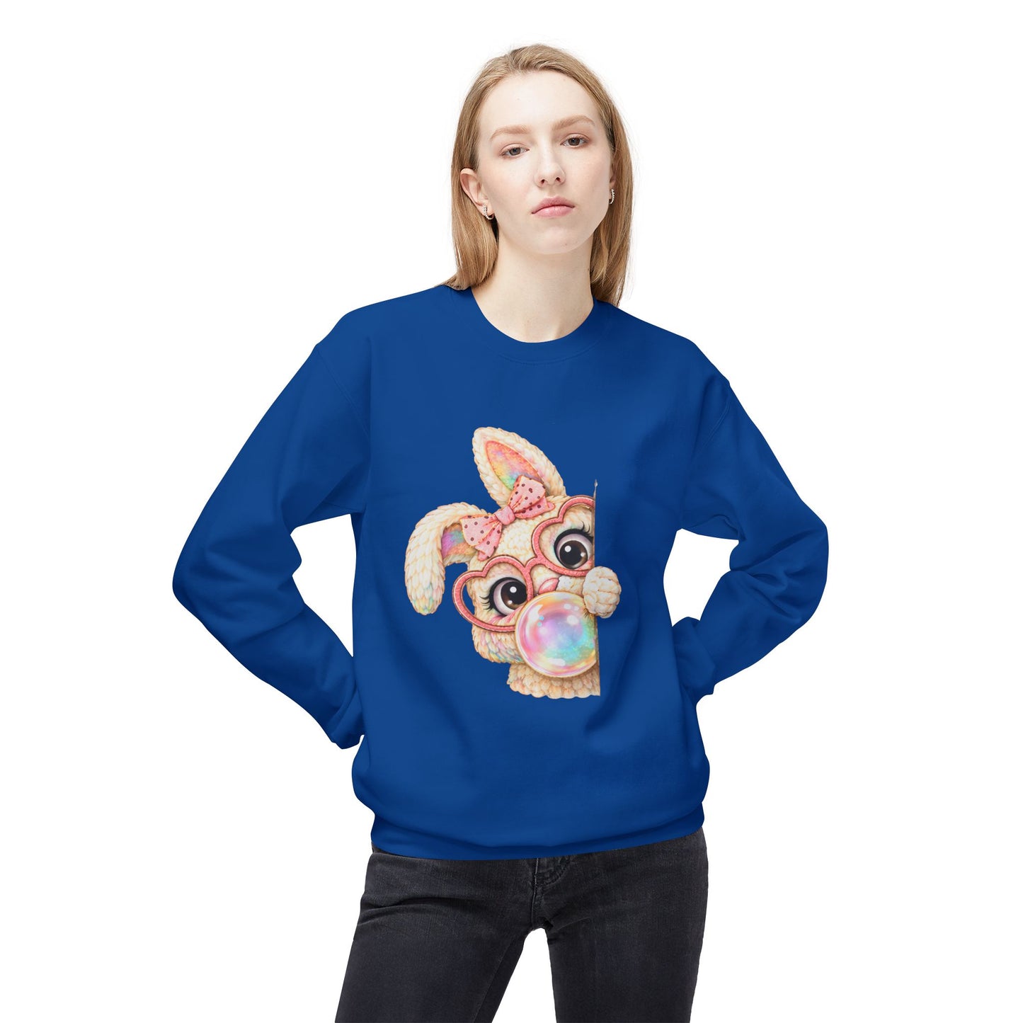 Cute Bunny Peeking Crewneck Sweatshirt – Bubblegum Blowing Cartoon Rabbit