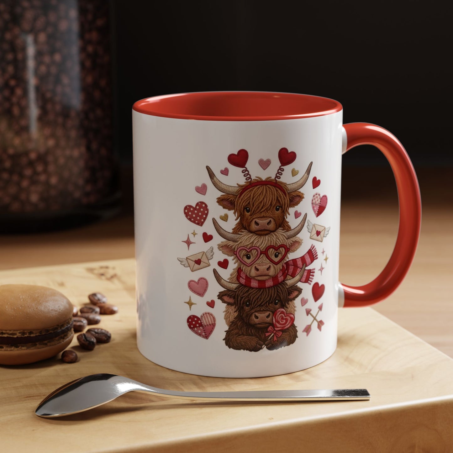 Valentine Highland Cow Stack Accent Mug – Cute Hearts & Love Letters (11/15oz)