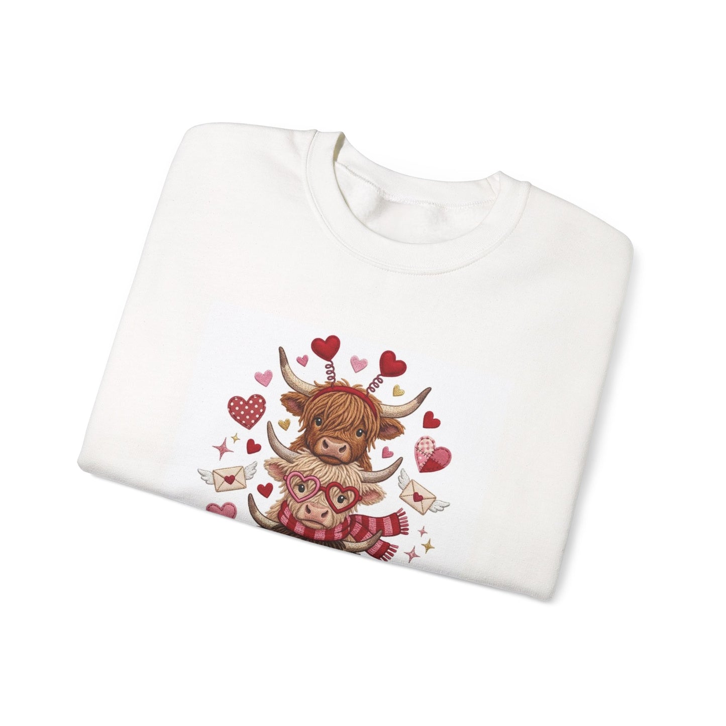 Valentine Highland Cow Crewneck Sweatshirt — Cute Hearts Scottish Highland Cattle Design