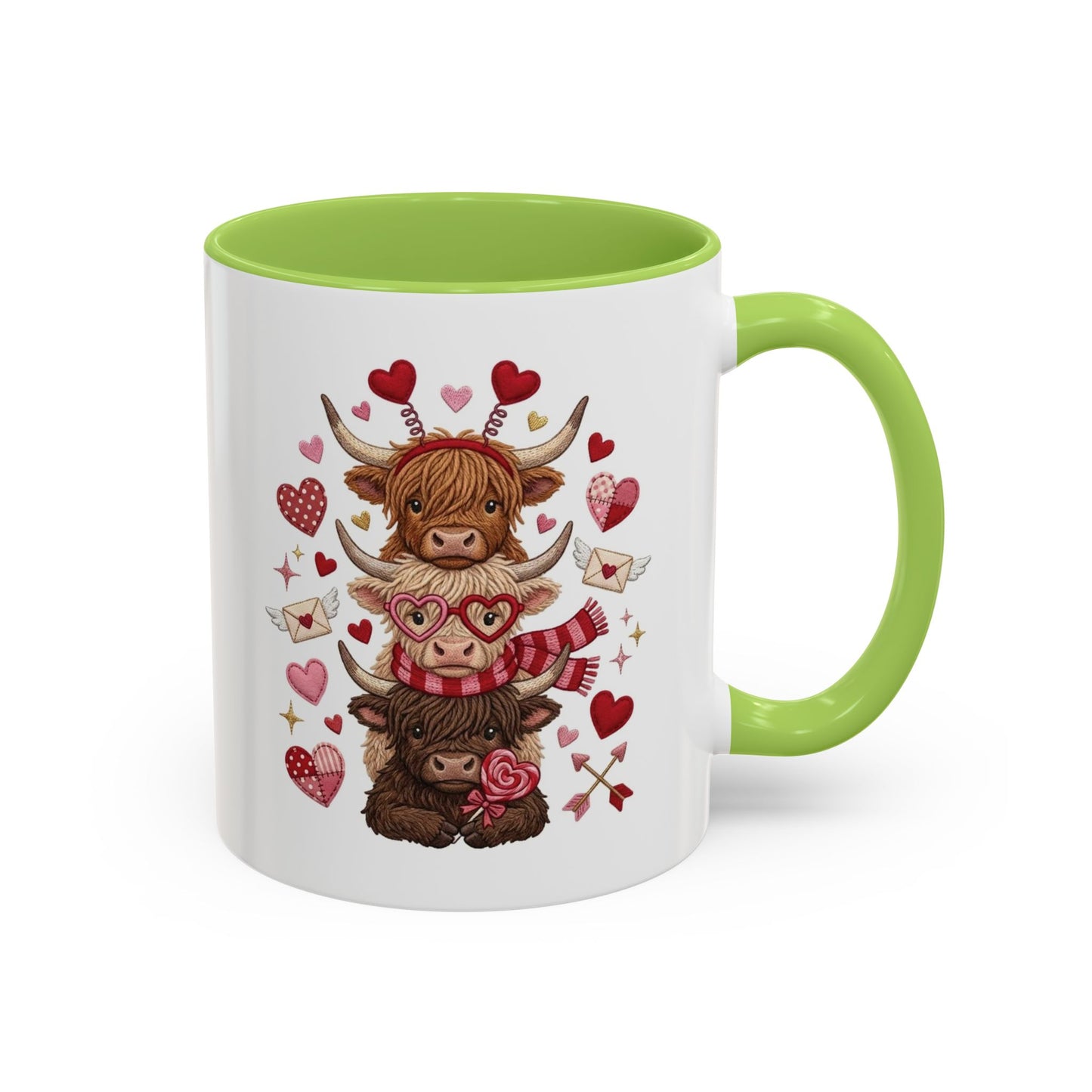 Valentine Highland Cow Stack Accent Mug – Cute Hearts & Love Letters (11/15oz)