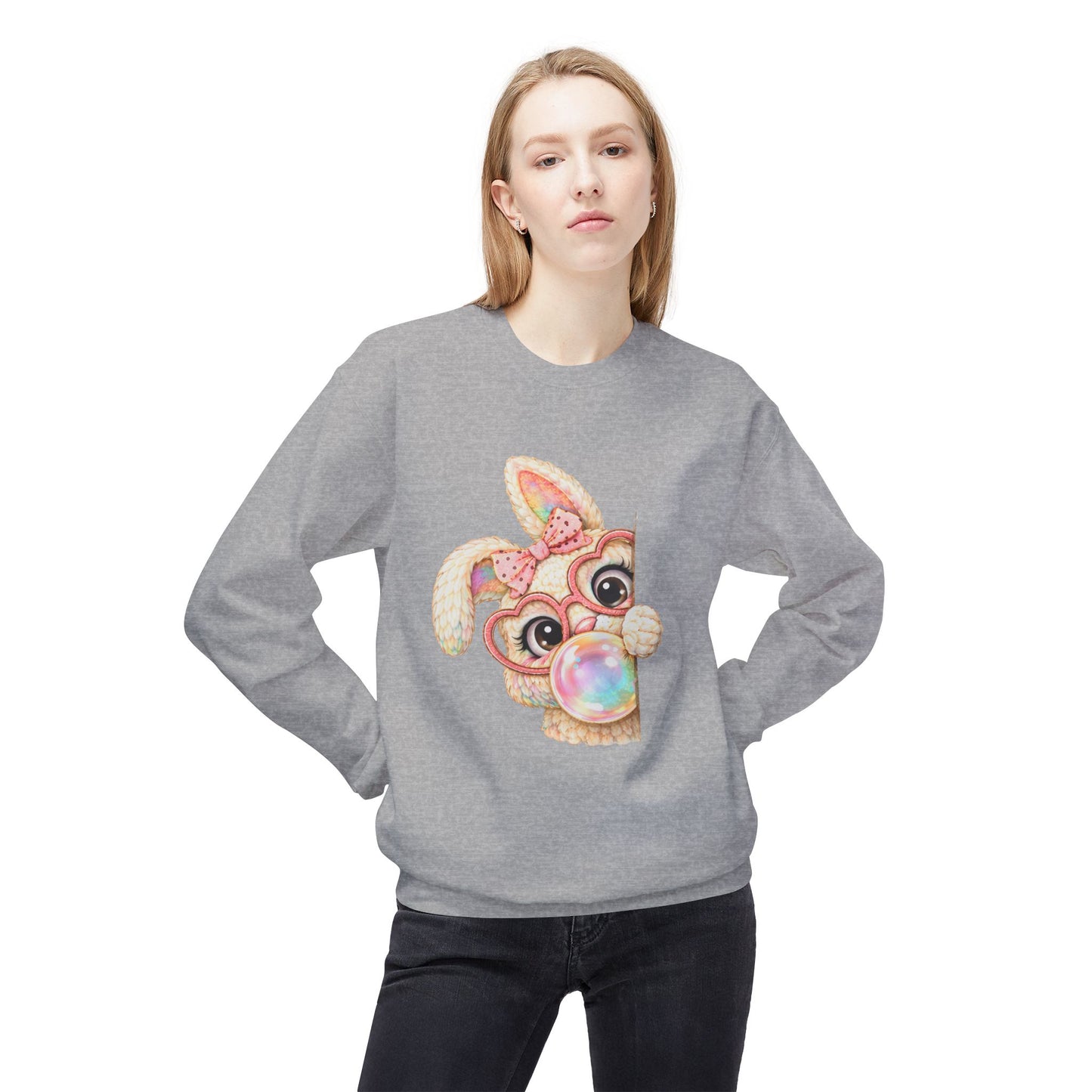 Cute Bunny Peeking Crewneck Sweatshirt – Bubblegum Blowing Cartoon Rabbit