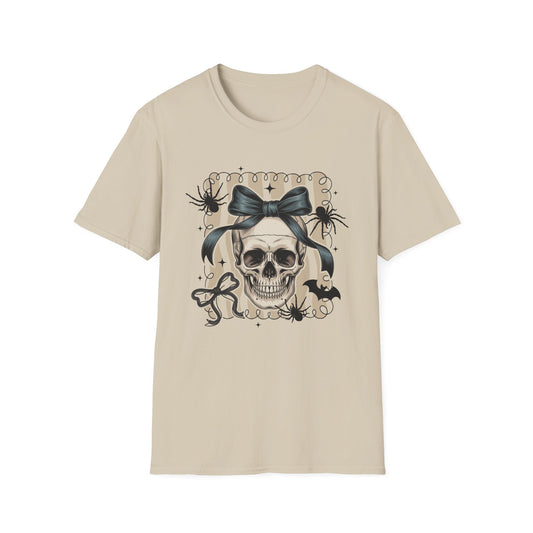 Gothic Halloween T-Shirt with Skull and Bow | Unisex Softstyle Apparel, Spooky Fashion, Halloween Party Outfit, Alternative Gift