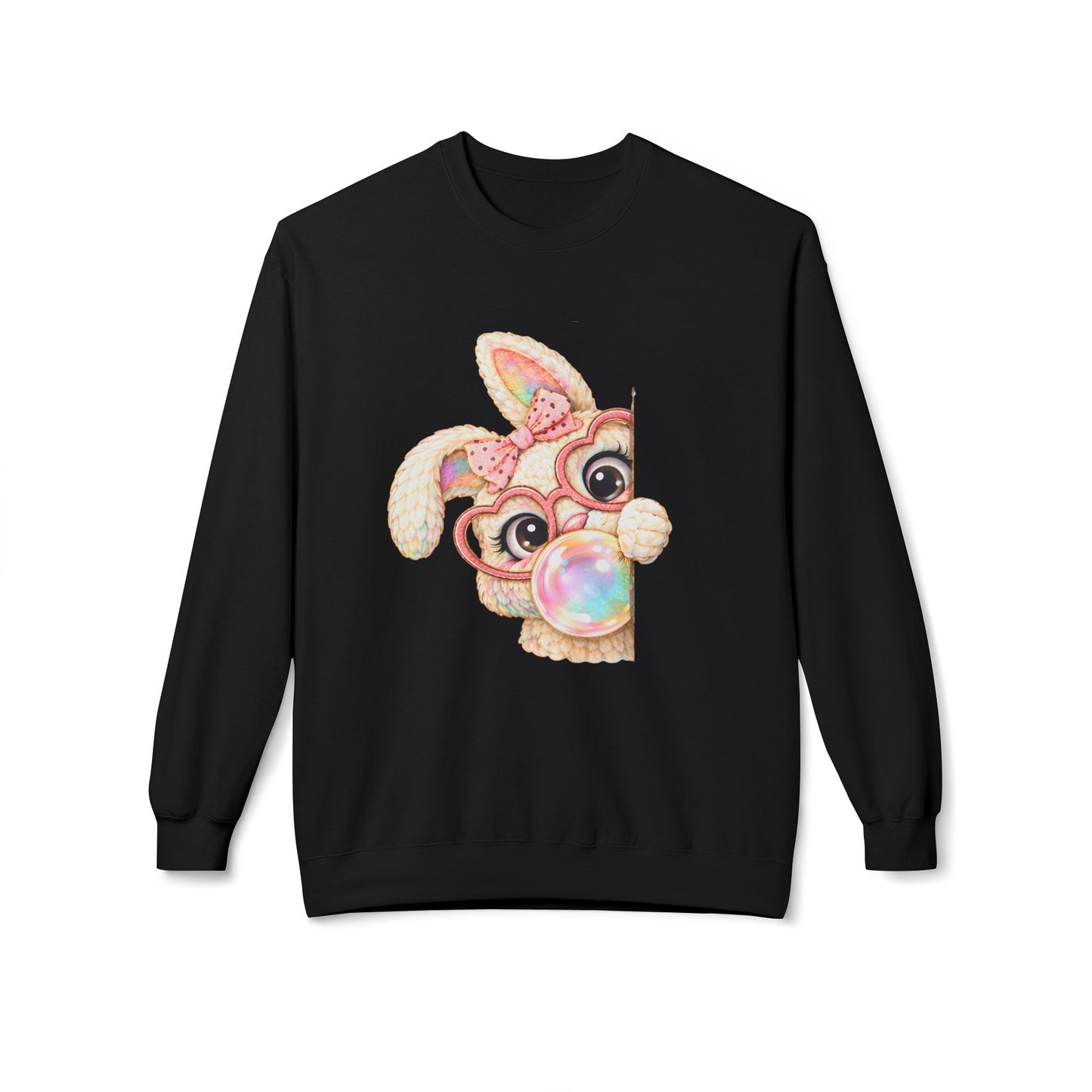 Cute Bunny Peeking Crewneck Sweatshirt – Bubblegum Blowing Cartoon Rabbit
