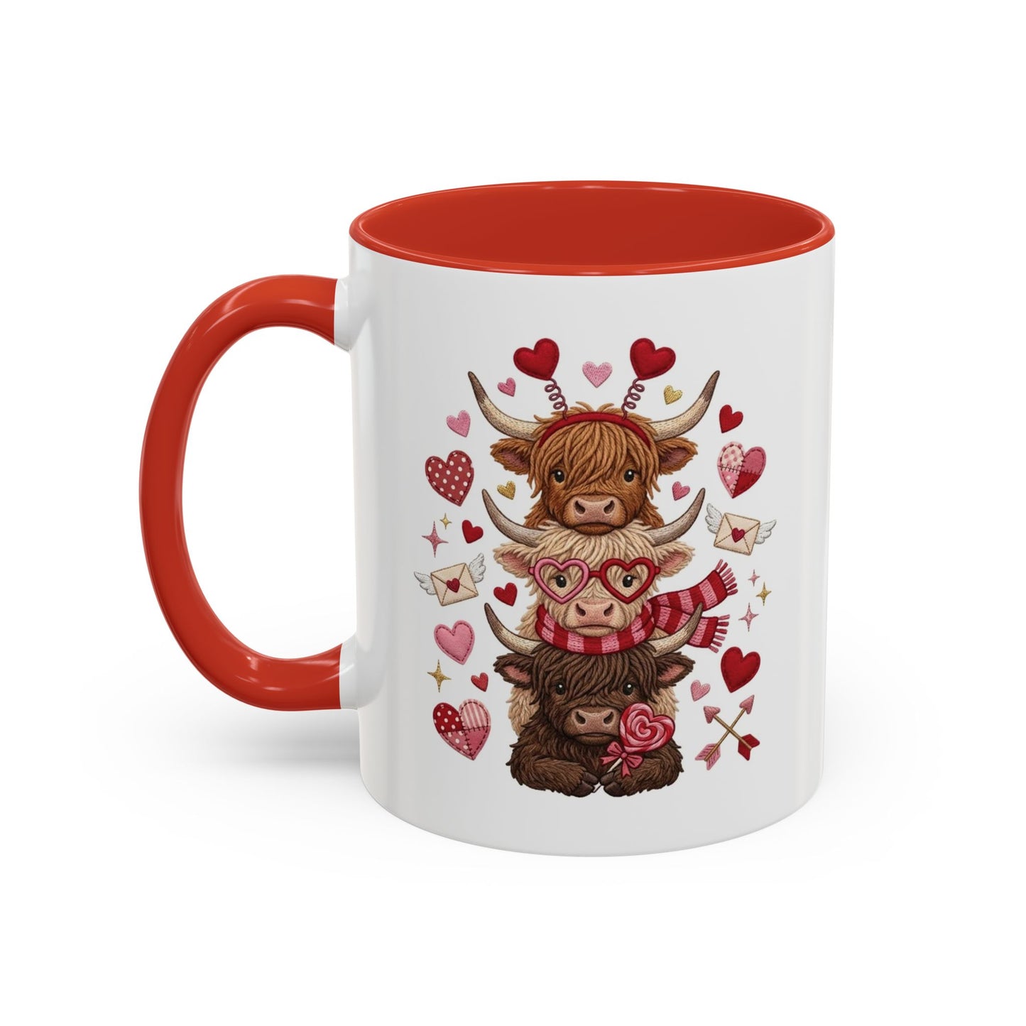 Valentine Highland Cow Stack Accent Mug – Cute Hearts & Love Letters (11/15oz)