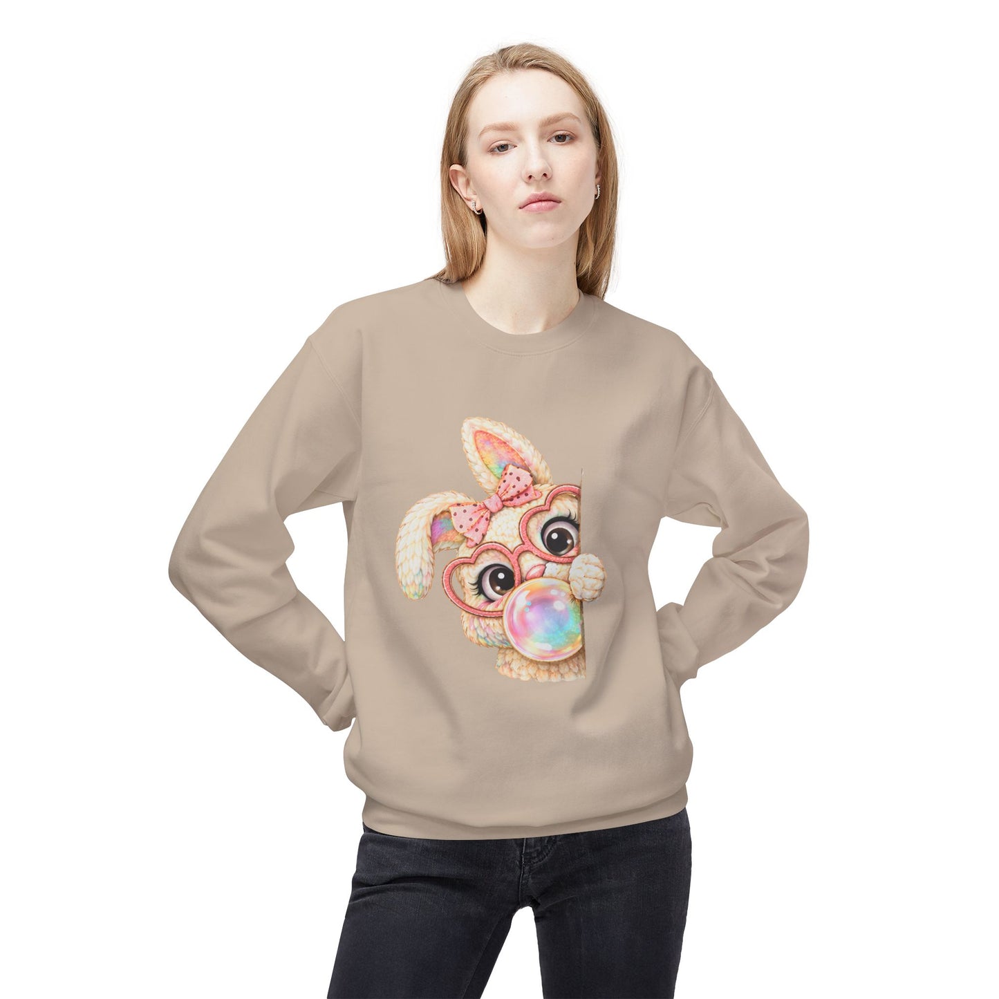 Cute Bunny Peeking Crewneck Sweatshirt – Bubblegum Blowing Cartoon Rabbit