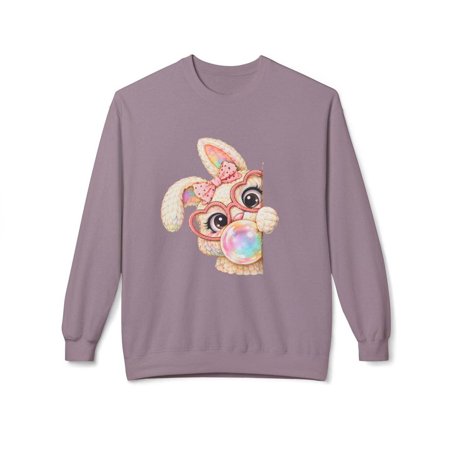 Cute Bunny Peeking Crewneck Sweatshirt – Bubblegum Blowing Cartoon Rabbit