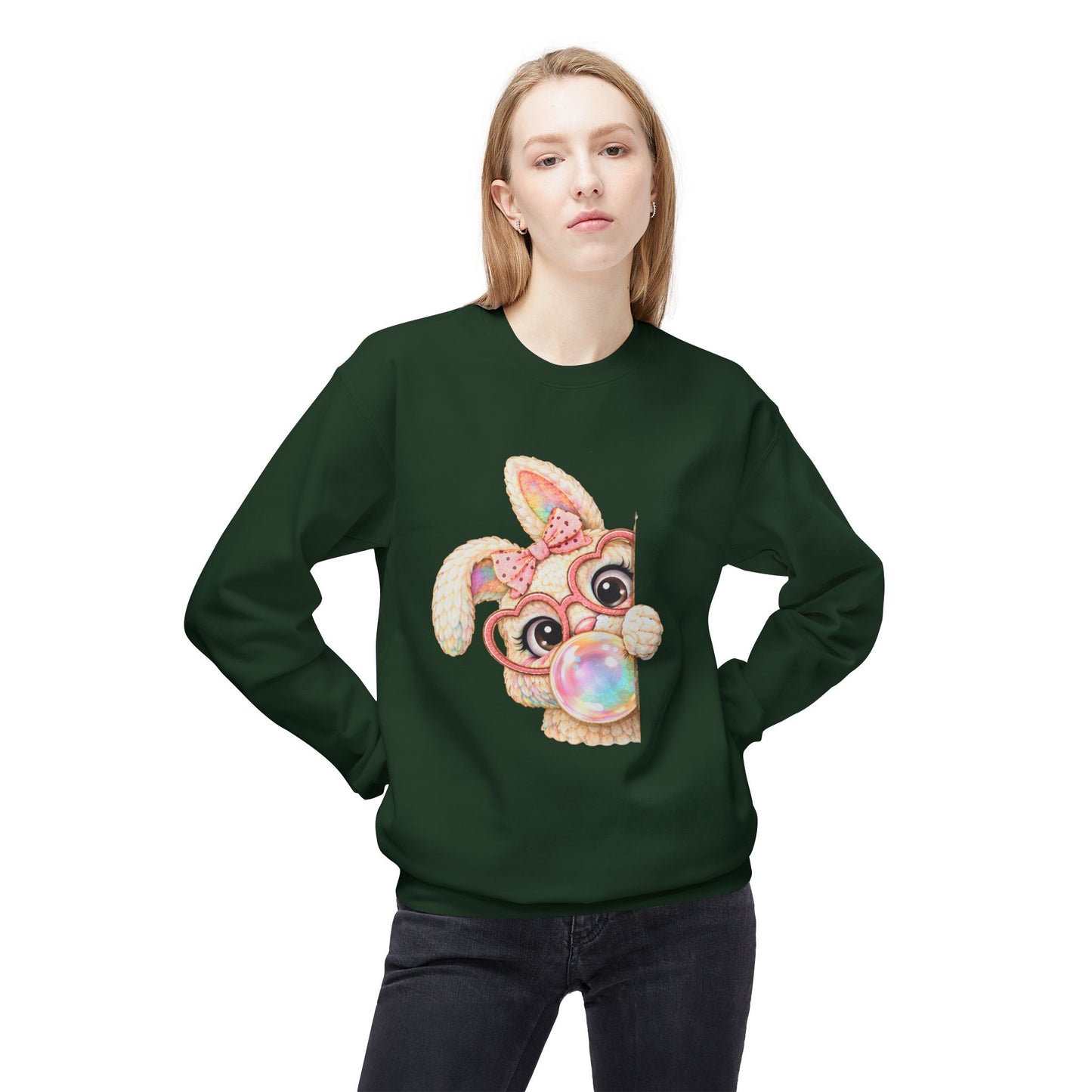 Cute Bunny Peeking Crewneck Sweatshirt – Bubblegum Blowing Cartoon Rabbit
