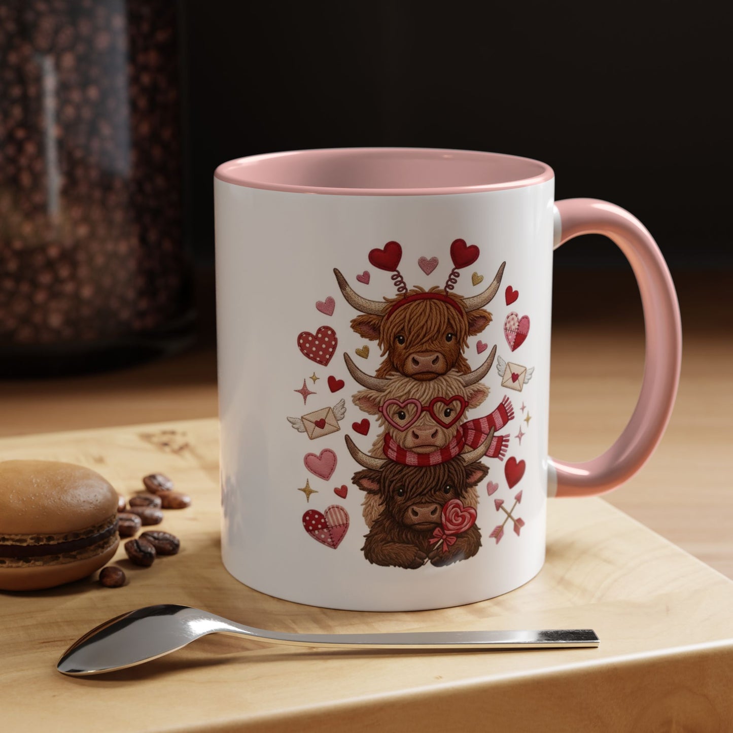 Valentine Highland Cow Stack Accent Mug – Cute Hearts & Love Letters (11/15oz)