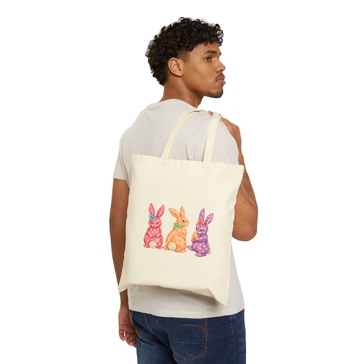 Easter Bunnies Cotton Tote Bag — Colorful Floral Rabbit Canvas Shopper