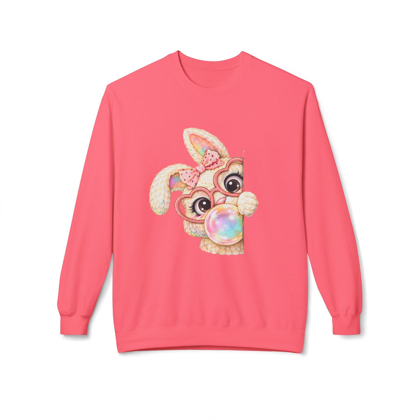 Cute Bunny Peeking Crewneck Sweatshirt – Bubblegum Blowing Cartoon Rabbit