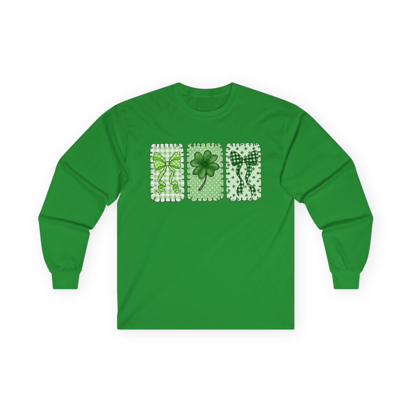 St. Patrick’s Day Shamrock Long Sleeve Tee — Lucky Clover Trio Design