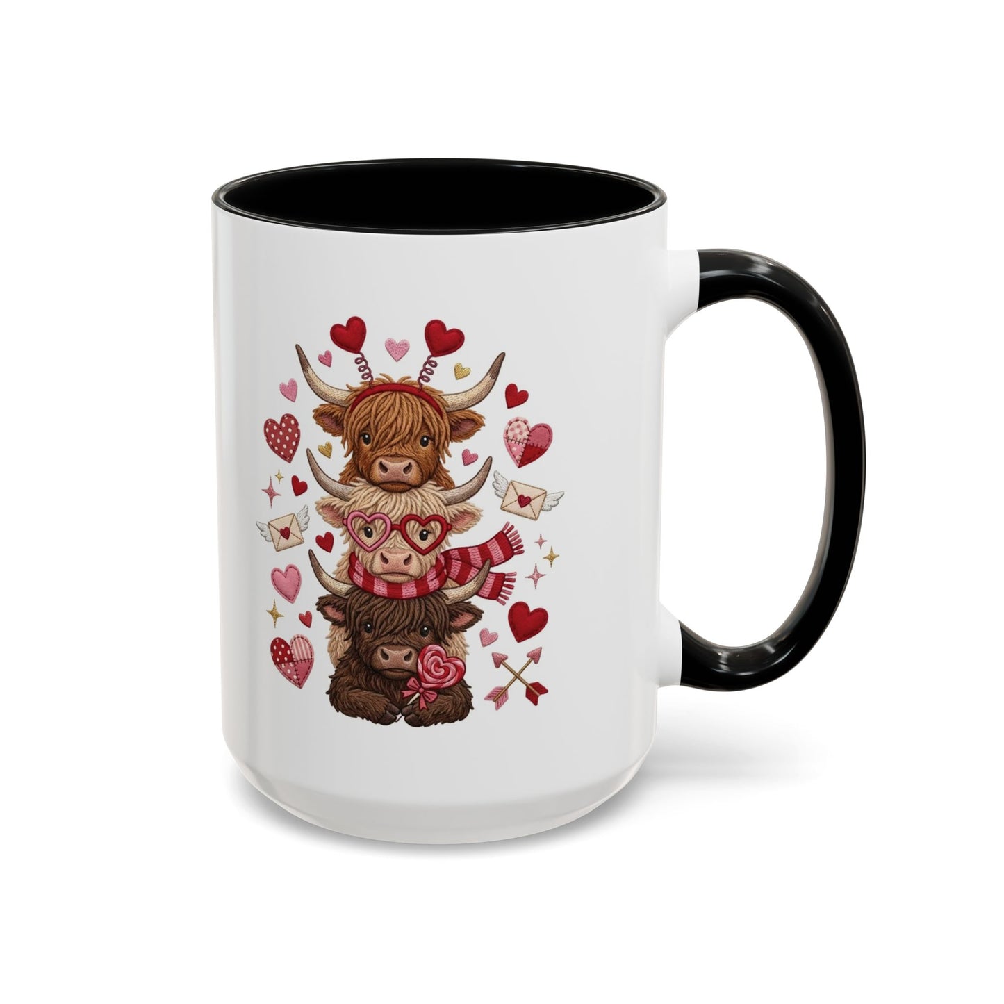 Valentine Highland Cow Stack Accent Mug – Cute Hearts & Love Letters (11/15oz)