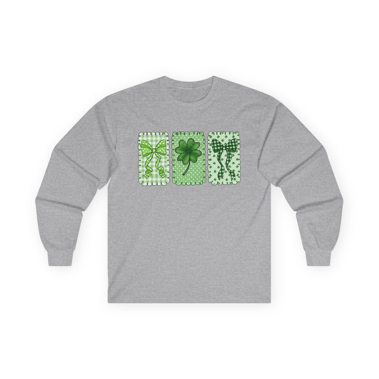 St. Patrick’s Day Shamrock Long Sleeve Tee — Lucky Clover Trio Design
